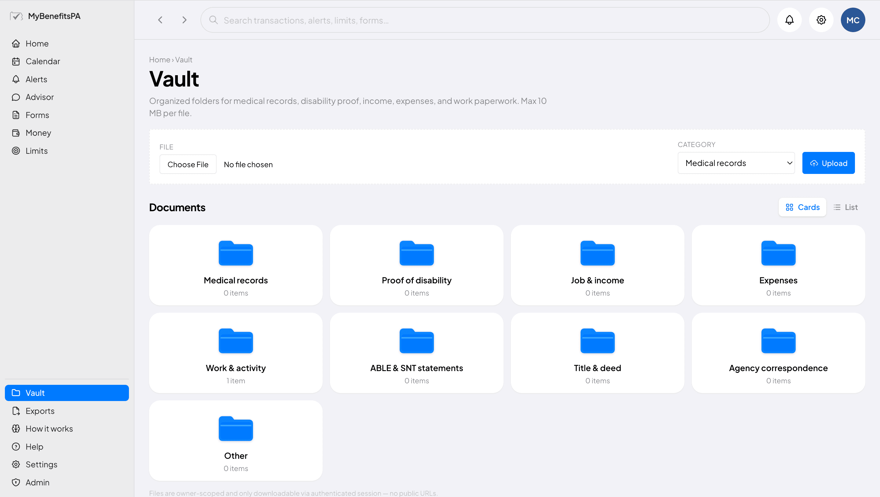 The MyBenefitsPA vault with labeled folders for benefit evidence
